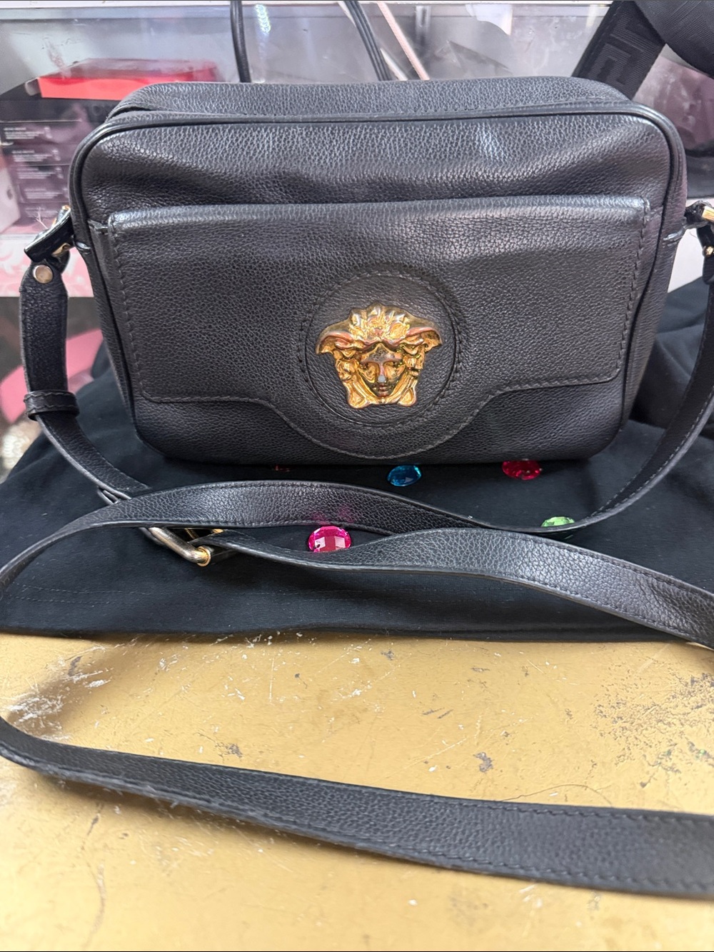 Versace Black Leather Crossbody with Gold Medusa Emblem